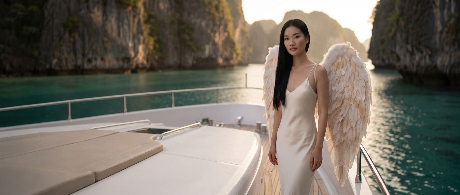 The Wing angel aboard a yacht in a Palawan lagoon